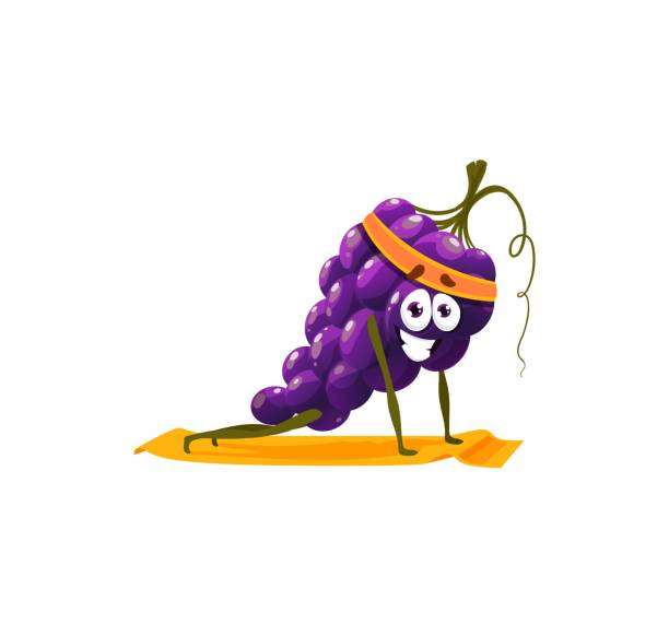 Purple grape cartoon character fitness yoga sport Bunch of grape in sport band doing yoga fitness exercises on pilates mat isolated cartoon character emoticon. Vector summer berries, muscat cardinal grapes on cluster, sportive healthy food dessert oman cartoon stock illustrations