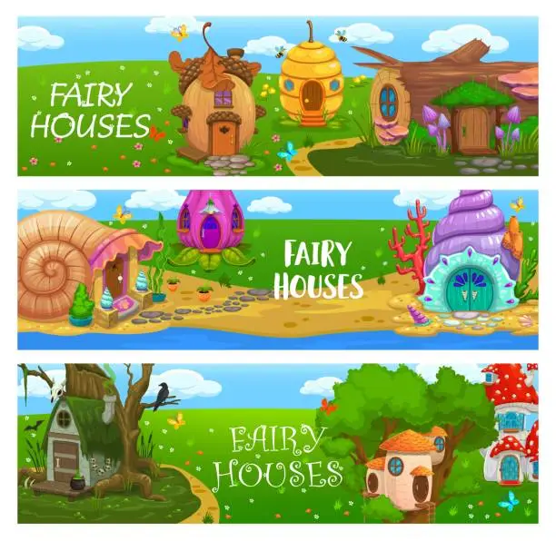 Vector illustration of Cartoon fairy houses and dwelling homes, banners