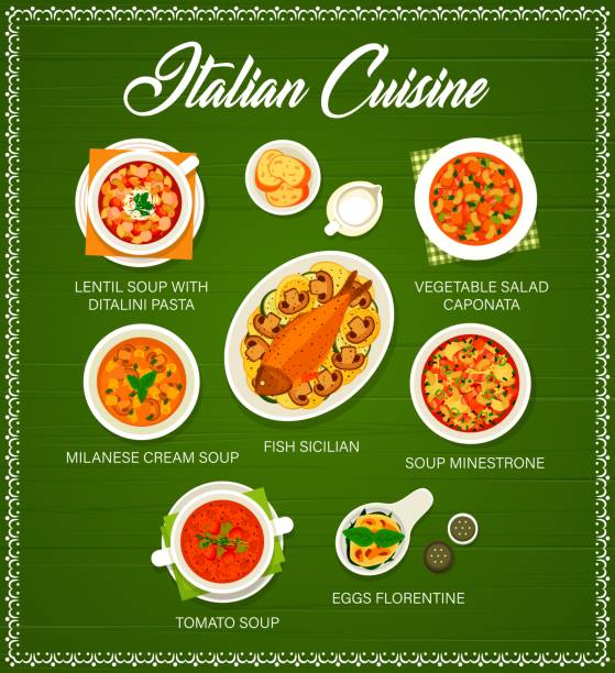 illustrazioni stock, clip art, cartoni animati e icone di tendenza di cucina italiana vettoriale italia pasti cartoon menu - minestrone