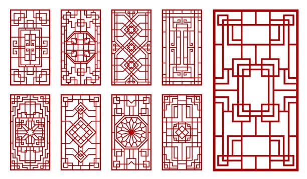 Asian window, door red line ornament decoration Asian window and door ornaments. Korean, chinese and japanese patterns. Oriental vintage vector wall or interior decorations with endless knot lattice or grid, floral and line rectangular ornaments chinese culture stock illustrations
