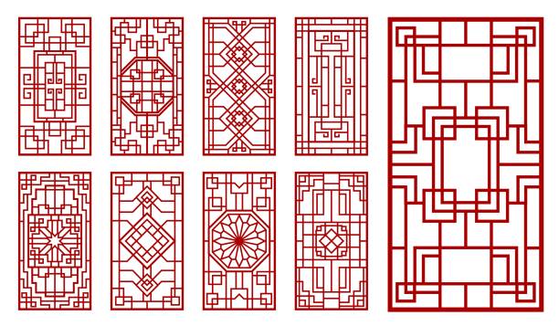Asian window, door red line ornament decoration Asian window and door ornaments. Korean, chinese and japanese patterns. Oriental vintage vector wall or interior decorations with endless knot lattice or grid, floral and line rectangular ornaments window grid patterns stock illustrations