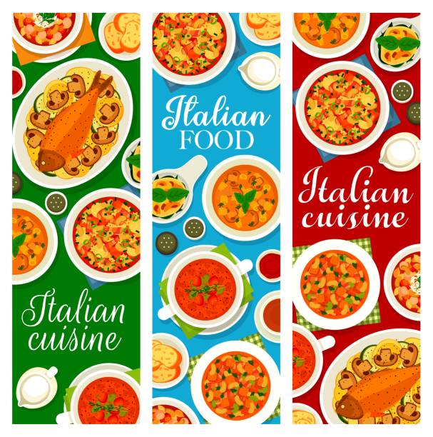 ilustraciones, imágenes clip art, dibujos animados e iconos de stock de cocina italiana vector banners, comida de italia. - minestrone