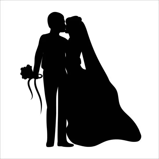 Vector illustration of Silhouette of people man and women, groom, bride with bouquet of flower.