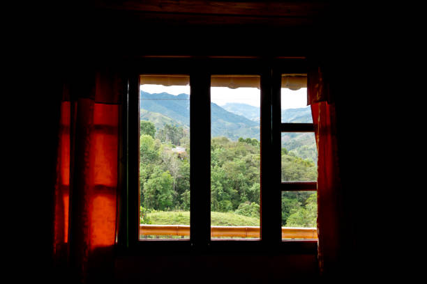 istock Horizontal front view of window frame with nature landscape in background. 1357620632