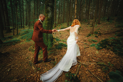 The bride and groom go through the forest hand in hand. Happy bride and groom holding hands and walking in forest on wedding day