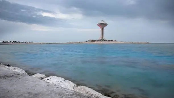View from the new Khobar Corniche showing Khobar water tower in a cloudy day