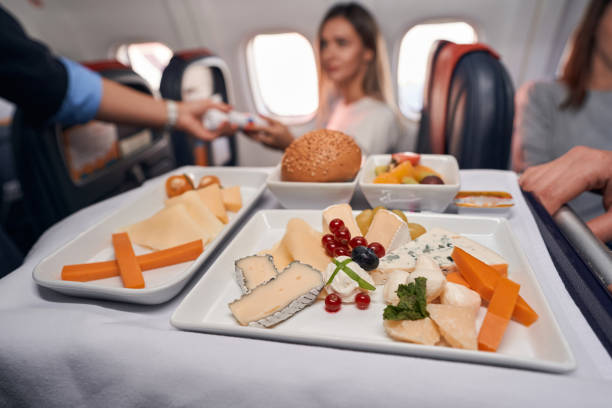 istock Airline meal for passengers standing on serving cart 1357625026