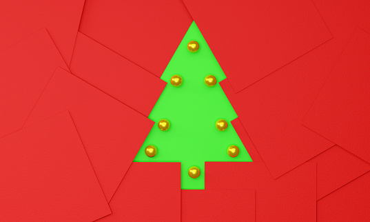 2022 Christmas Tree And New Year Background. Red note papers on a green background make up the Christmas Tree.