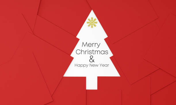 2022 Christmas Tree And New Year Background. Red note papers on a White background make up the Christmas Tree. Merry Christmas And Happy New Year Message.