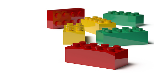 3D rendered toy blocks in teamwork concept: Illustration of colorful objects. A group of many bricks on large white background with copy space. Leading a group to financial success in business.