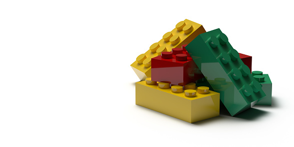 3D rendered toy blocks in teamwork concept: Illustration of colorful objects. A group of many bricks on large white background with copy space. Leading a group to financial success in business.