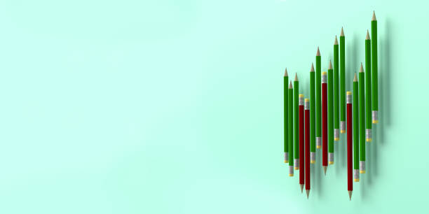 3D illustration candle graphs concept: Red and green pencils looking up and down. Symbol for finance, business and economy on mint green background with copy space. Volatility in stock markets.