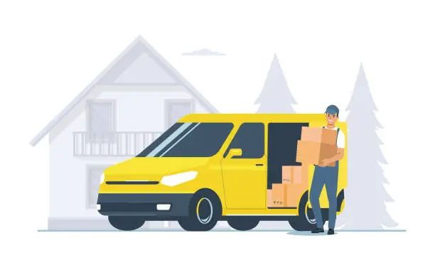 Vector illustration of Delivery service concept. Cargo van and courier. Vector illustration.