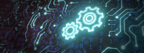 istock Automation concept of business process settings gear in a technology digital network effect abstract background wide banner wallpaper 1357629457
