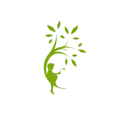 Green curved tree with leaves and child with sprout. Round border with boy. Isolated on white. Flat design. Vector illustration. Children education or care sign. Childhood logo.