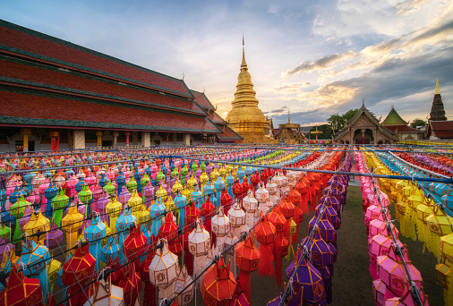 Beautiful colorful lamp festival and Lantern in Loi Krathong at Wat Phra That Hariphunchai, Lamphun province, Thailand