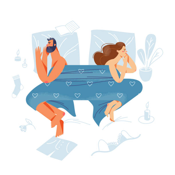 problem związku złej pary leżącej razem w łóżku zniesmaczona, rozgniewana i kłótliwa - sexual activity illustrations stock illustrations