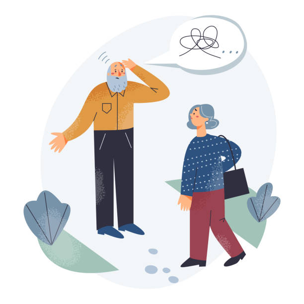 Elderly people with dementia health problem, forgetful man in need of help from passersby Elderly people with dementia health problem vector illustration. Cartoon forgetful old man in need of help from passersby, confused character with memory and concentration loss isolated on white forget thing stock illustrations