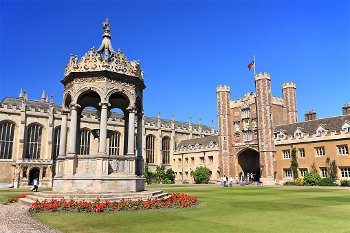 Oxford, Oxfordshire, England: September 09th, 2023. Description: College buildings: the Front and Canterbury Quadrangles, the Historic buildings of St John's College at The University of Oxford in Oxford. A daytime photo.\n\nThe Front Quadrangle's architecture represents a successful and sophisticated synthesis of the essentially medieval style of building which had hitherto prevailed in Oxford and the new, cosmopolitan style of Renaissance classicism which had established deep roots at the Court of Charles I. It remains largely as Laud left it, a ceremonial space of great subtlety and sophistication.