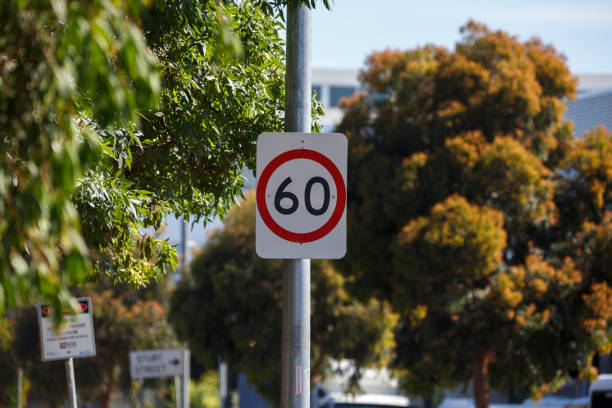 60 speed sign 60 speed road sign outdoors in the city in Adelaide CBD speed limit sign australia stock pictures, royalty-free photos & images
