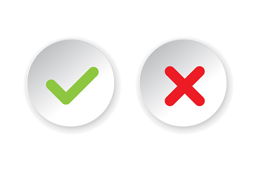 Tick and cross signs. Green checkmark OK and red X icons vector. Circle symbols YES and NO button for vote, decision, web, logo, app, UI. illustration.