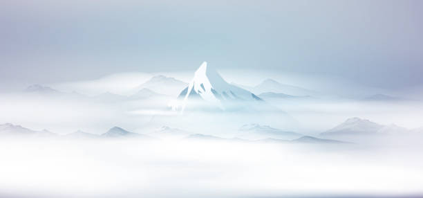 Sunrise in snow covered mountains landscape with fog Sunrise in snow covered mountains landscape with fog mountain peak clouds stock illustrations