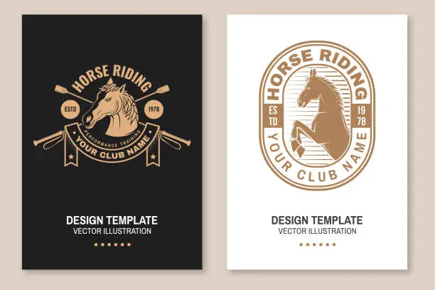 Vector illustration of Set of Horse riding sport club flyer, brochure, banner, poster. Vector illustration. Vintage monochrome equestrian label with rider, riding crop and horse silhouettes. Horseback riding sport.