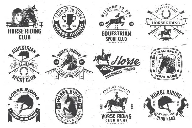 Vector illustration of Set of Horse riding sport club badges, patches, emblem, logo. Vector illustration. Vintage monochrome equestrian label with rider, helmet and horse silhouettes. Horseback riding sport. Concept for shirt or logo, print, stamp or tee.