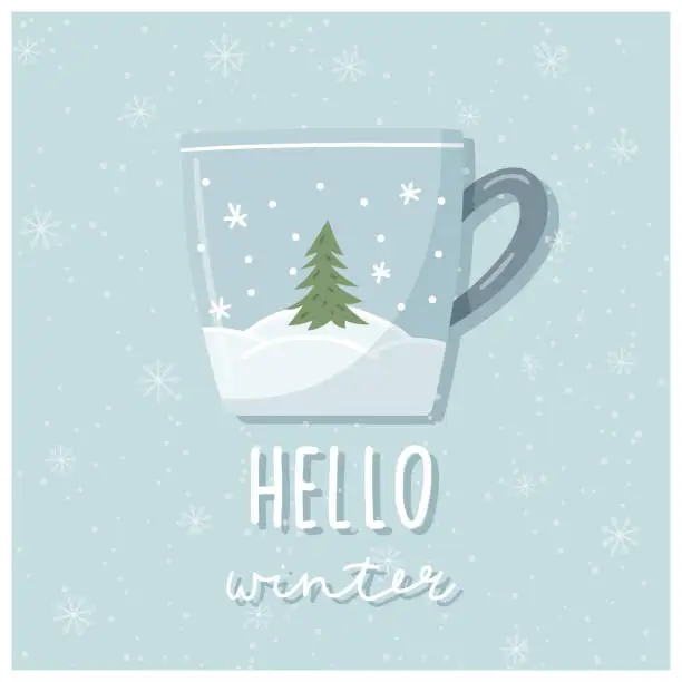 Vector illustration of A greeting card. A hand-drawn mug with a winter landscape, a Christmas tree and handwritten words - Hello winter. Blue background with snowflakes. Color vector illustration in a flat style.