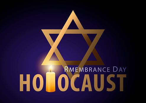 The commemoration of Holocaust Remembrance Day, remembering the holocaust tragedy of Jews that occurred during the Second World War with candle igniting the blue background with Star of David