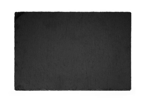 Kitchen stone tray top view for food. Slate plate isolated on white background. Set of empty black granite stone rectangle board. stock photo