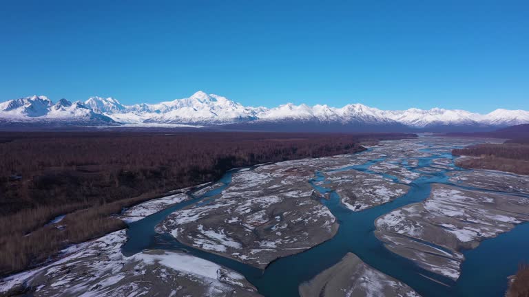 Mount Denali and Chulitna River on Winter Sunny Day. Alaska, USA. Aerial View