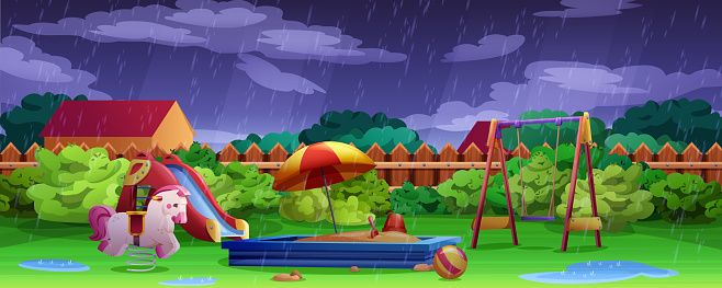 Kids playground at rainy weather with puddles. Summer garden with swing, slide and sandbox. Play area in backyard with lawn, sandpit and seesaw. Vector cartoon illustration activities for children.