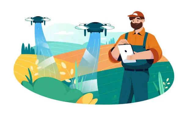 Vector illustration of Farmer with tablet using drone to automate irrigation of field