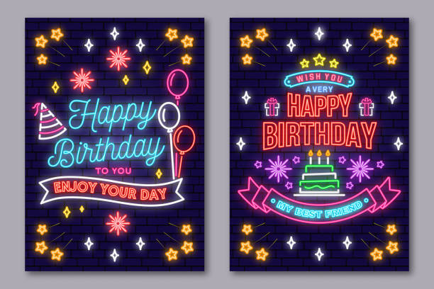 Happy Birthday to you. Enjoy your Day neon sign. Card, flyers, poster with bunch of balloons and birthday hat. Vector. Neon design for birthday celebration emblem. Night neon signboard. vector art illustration