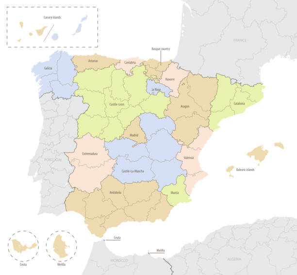 szczegółowa mapa wektorowa hiszpanii z podziałem administracyjnym na wspólnoty autonomiczne i wyspy, ilustracja wektorowa z położeniem kraju w europie - barcelona sevilla stock illustrations