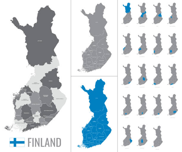 Detailed vector map of Finland regions with flag on white background Detailed vector map of Finland regions with flag on white background map of helsinki finland stock illustrations