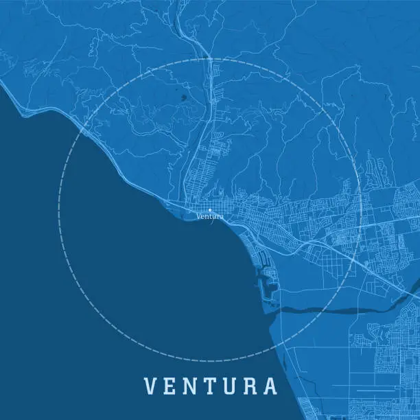 Vector illustration of Ventura CA City Vector Road Map Blue Text