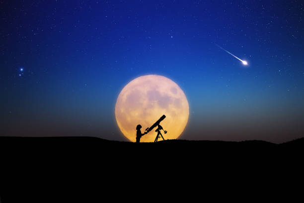 Girl with astronomical telescope stargazing under starry sky.
