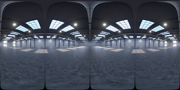 panorama hdri esférico completo 360 grados de espacio de exposición vacío. telón de fondo para exposiciones y eventos. suelo de gres. maqueta de marketing. ilustración de renderizado 3d - hdri interior fotografías e imágenes de stock