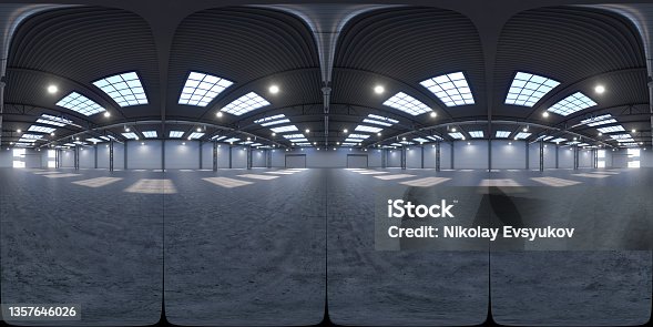 istock Full spherical hdri panorama 360 degrees of empty exhibition space. backdrop for exhibitions and events. Tile floor. Marketing mock up. 3D render illustration 1357646026