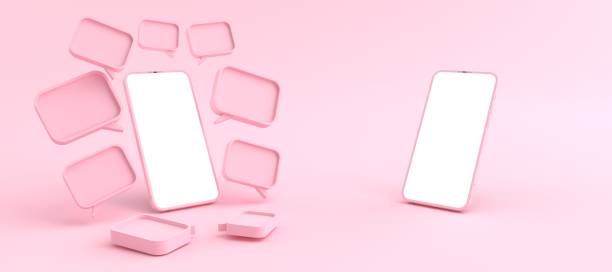 istock 3D rendering. Pink Smartphone white screen Surrounded by a Many pink chat symbols. Smartphone white screen can be used for commercial advertising, on the pink background, illustration. 1357646709