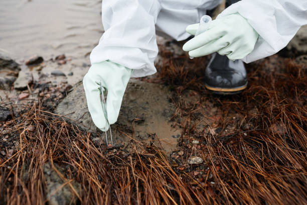 Scientist Taking Plant Sample Close up of unrecognizable scientist wearing hazmat suit collecting soil probes, focus on gloved hands, copy space biologist stock pictures, royalty-free photos & images