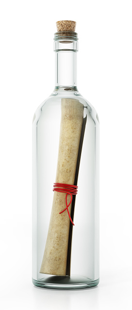 Old scroll with help message inside the glass bottle isolated on white.