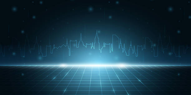 istock Vector night cityscape with neon lights. Network and communication in a digital city. 1357648145