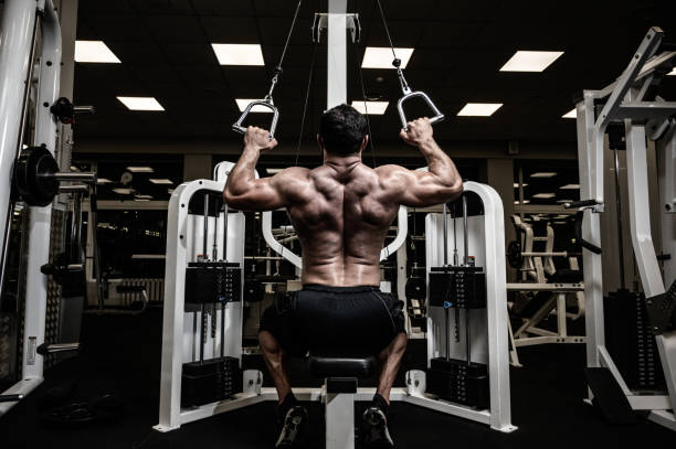 back muscle training by strong athlete man sitting in exercise machine in big fitness gym back muscle training by strong man sitting in exercise machine machos stock pictures, royalty-free photos & images