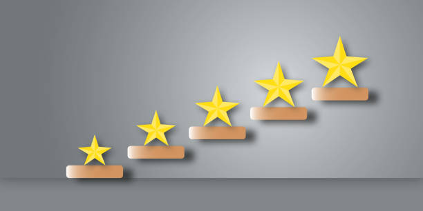 istock Yellow stars with stair and light on grey background as metaphor for business and financial growth. 1357650162