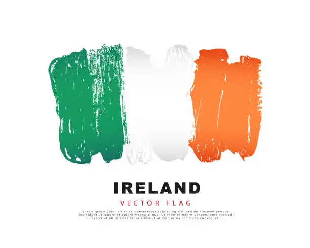 Vector illustration of Ireland flag. Hand drawn green, white and orange brush strokes. Vector illustration isolated on white background.