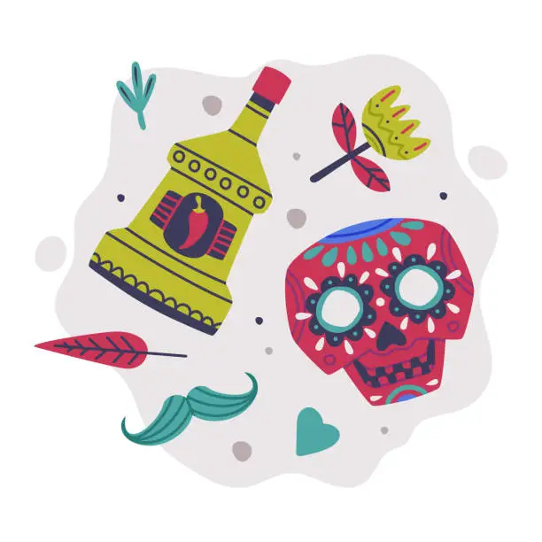 Vector illustration of Bright Mexico Object with Ornamental Skull and Hot Peppery Drink Vector Composition