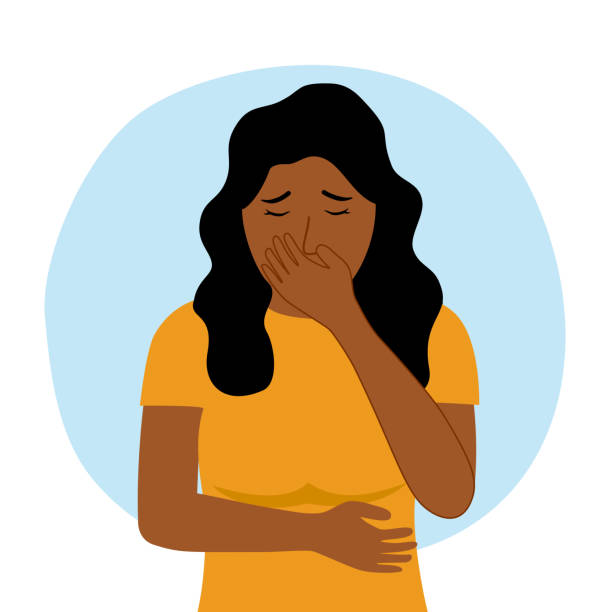 African woman suffering from vomit and closing mouth in flat design. Nausea vomiting symptom. vector art illustration